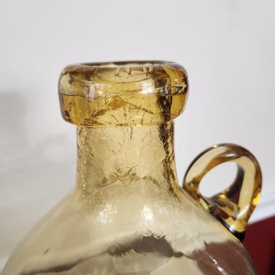 Vintage Yellow Glass Jug with Handle Crackled Applied Top Handblown