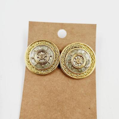 CUTE GOLD & SILVER TONED SHIPS WHEEL EARRINGS