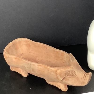 Lot # 1046 Zeckos Hand Carved Darkened Wood Pig Centerpiece Bowl & Ceramic Cat Brush Holder