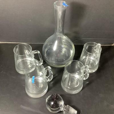 1031 Decanter & Crystal Mugs with Etched Sailboats
