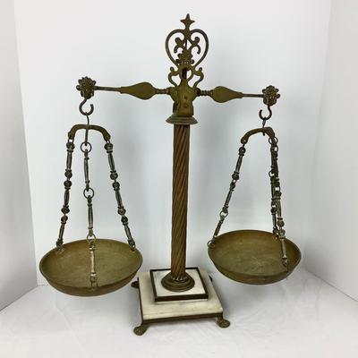 Lot # 1049  Vintage Brass Balance Scale on Footed Marble Base & Vintage Brass Weight Scale Set in Original Retail Wooden Box