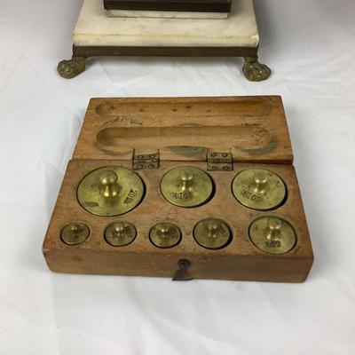 Lot # 1049  Vintage Brass Balance Scale on Footed Marble Base & Vintage Brass Weight Scale Set in Original Retail Wooden Box