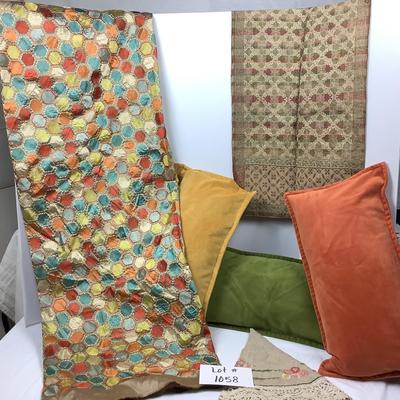 Lot # 1058 Three Grandinroad Pillow Covers with Down Pillow/Hand Crafted Silk Fabric/Table Runner