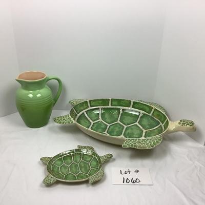 Lot # 1060 Pair of Pier 1 Turtle Serving Tray/Dish & One LeCreuset Pitcher