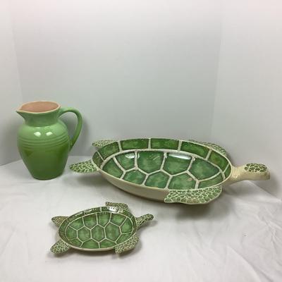 Lot # 1060 Pair of Pier 1 Turtle Serving Tray/Dish & One LeCreuset Pitcher