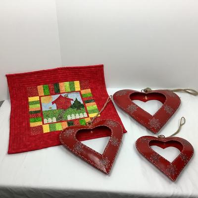Lot 3 1061. Lot of Three Handing Metal Hearts & Hanging Tapestry