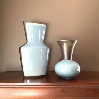 1200 Two Pale Blue Silver Tone Ceramic Vases
