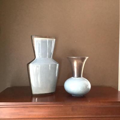 1200 Two Pale Blue Silver Tone Ceramic Vases