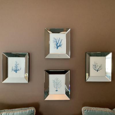 1204 Set of 4 Mirrored Framed Teal Blue Coral Prints