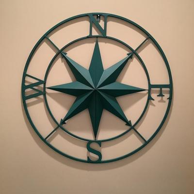 1213 Large Metal Aqua Blue Wall Compass