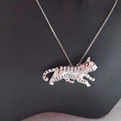Lee Michaels 925 Tiger With Ruby Eyes And Diamond Collar  17" Necklace
