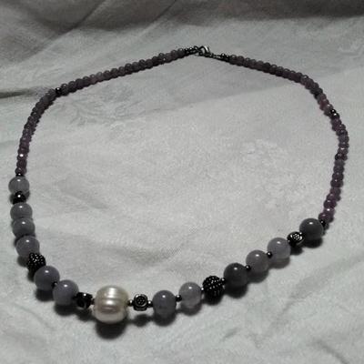 Exquisite Lavender Jade, Hematite, Amethyst 925 Beads With A Stunning Baroque Pearl  18" Necklace