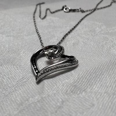 Diamond and Blue Diamonds Heart With ..25ct  Solitaire  18" 925 Necklace