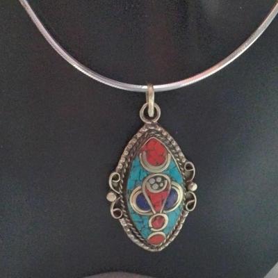 Vintage Turquoise/Red Turquoise/Lapis Lazuli 18"  925 Necklace
