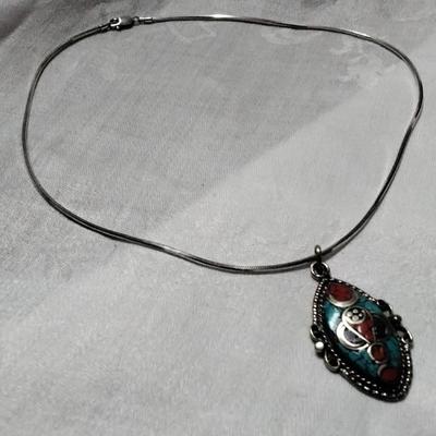 Vintage Turquoise/Red Turquoise/Lapis Lazuli 18"  925 Necklace