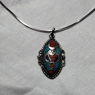 Vintage Turquoise/Red Turquoise/Lapis Lazuli 18"  925 Necklace