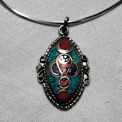 Vintage Turquoise/Red Turquoise/Lapis Lazuli 18"  925 Necklace
