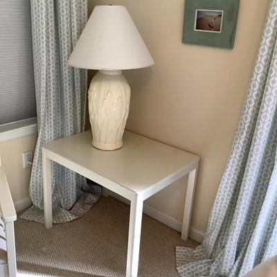 1230 Vintage IKEA White Table with Large White Floral Pottery Lamp