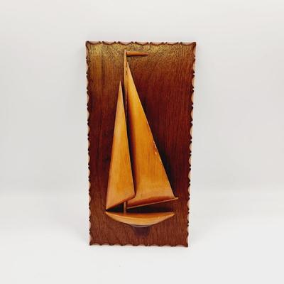 MID-CENTURY WOODEN SAILBOAT ART PLAQUE