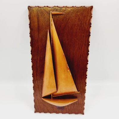 MID-CENTURY WOODEN SAILBOAT ART PLAQUE