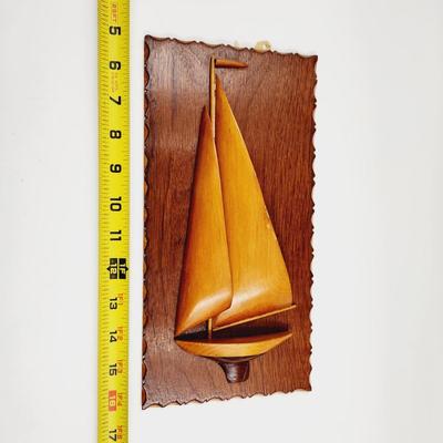 MID-CENTURY WOODEN SAILBOAT ART PLAQUE