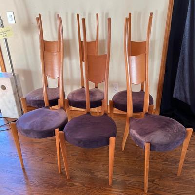 Six Unique Wood Dining Chairs W/Purple Padded Seats (DR-RG)