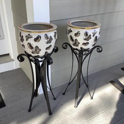 1242 Pair of Butterfly Pots with Metal Stands