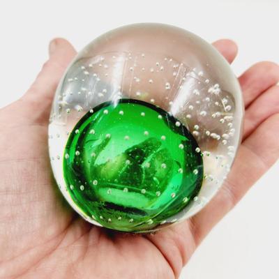 BEAUTIFUL VINTAGE BUBBLE ART GLASS PAPERWEIGHT WITH GREEN TONES