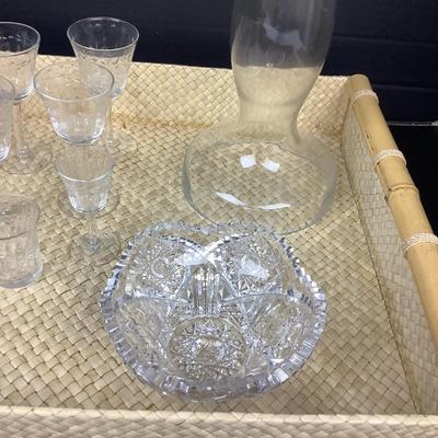 1079 Woven Tray & Assorted Glass Lot