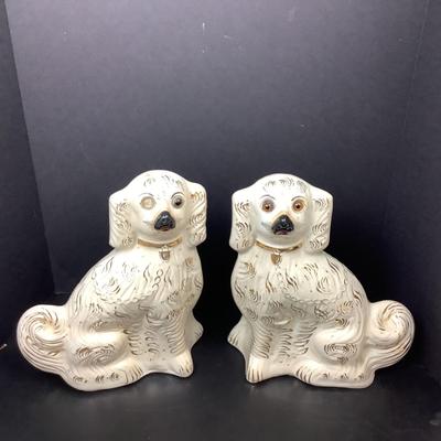 Lot # 1097  Pair of Sitting Vintage White & Gold Staffordshire Spaniel Dogs