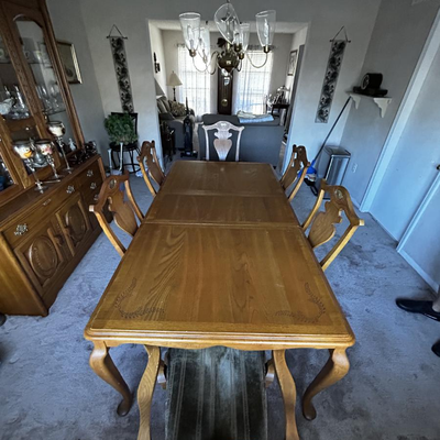 Manor House Table with Leaf & 6 Chair (2 Captains) Set - Walnut, Recently Reupholstered