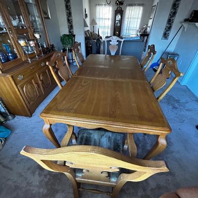 Manor House Table with Leaf & 6 Chair (2 Captains) Set - Walnut, Recently Reupholstered