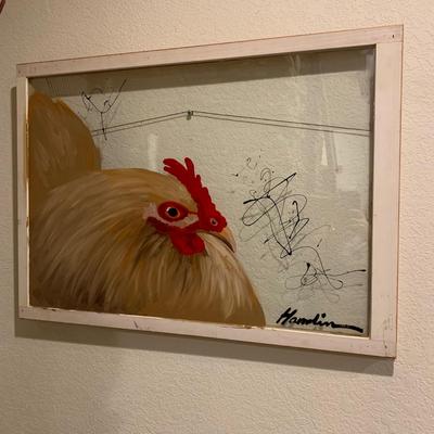 Original Signed Painting of a Chicken on Window Pane by Hamlin (B1-HS)
