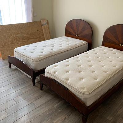 Matching Pair of Art Deco Wooden Twin Bed Frames (B1-HS)