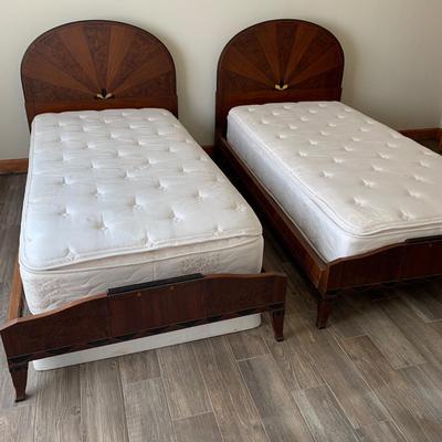 Matching Pair of Art Deco Wooden Twin Bed Frames (B1-HS)