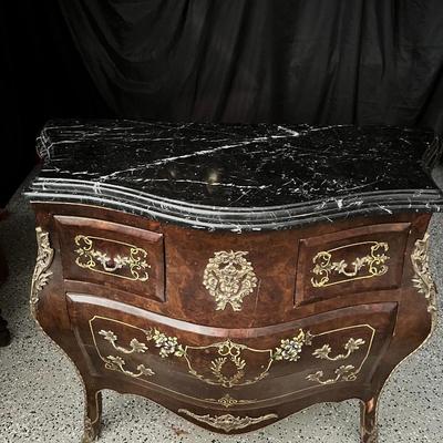 Vintage Marble Top French Louis XV Style Bombe Chest of Drawers