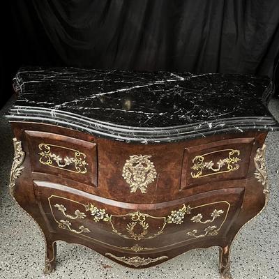 Vintage Marble Top French Louis XV Style Bombe Chest of Drawers