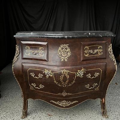 Vintage Marble Top French Louis XV Style Bombe Chest of Drawers