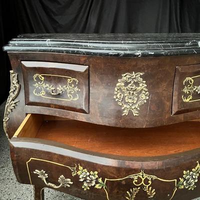 Vintage Marble Top French Louis XV Style Bombe Chest of Drawers