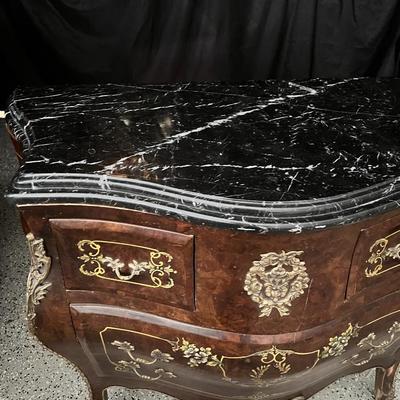Vintage Marble Top French Louis XV Style Bombe Chest of Drawers