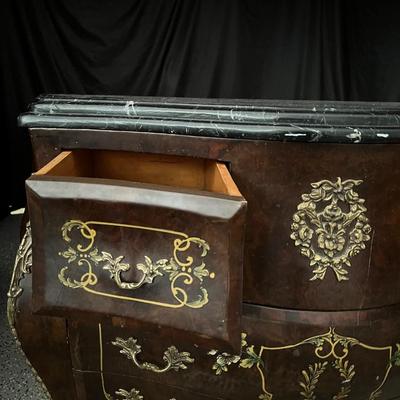 Vintage Marble Top French Louis XV Style Bombe Chest of Drawers