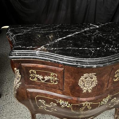 Vintage Marble Top French Louis XV Style Bombe Chest of Drawers