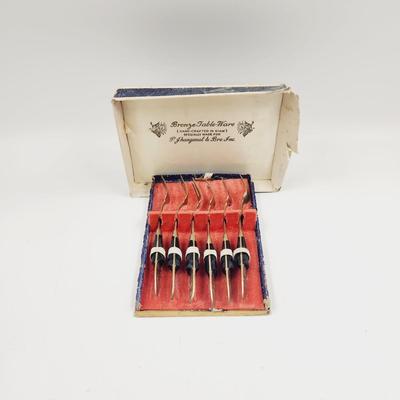 VINTAGE MCM SIAM PJ JHANGIMAL & BRO INC BRONZE & TEAK 6 PC FORK SET