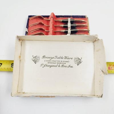 VINTAGE MCM SIAM PJ JHANGIMAL & BRO INC BRONZE & TEAK 6 PC FORK SET