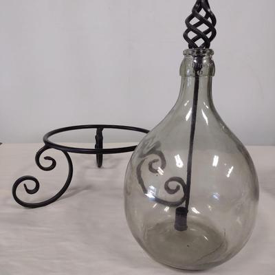 Ambrosio Glass Demijohn with Protective Basket includes Wrought Metal Stand and Candle Stick Holder