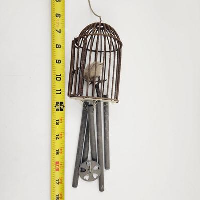 CUTE RUSTED BIRD CAGE W/ CUTE FLUFFY BIRD WIND CHIME