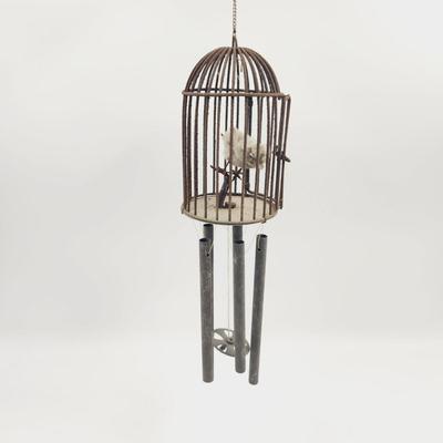 CUTE RUSTED BIRD CAGE W/ CUTE FLUFFY BIRD WIND CHIME