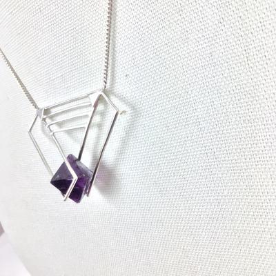 1126 Vintage Sterling Silver Artisan Made Purple Abstract Necklace