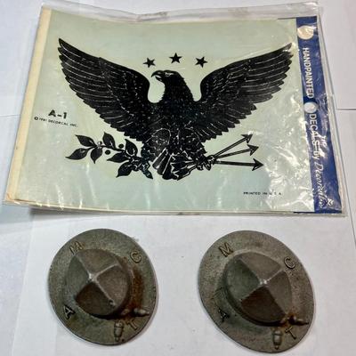 1981 EAGLE DECAL AND 2 PEWTER HAT FIGURINES