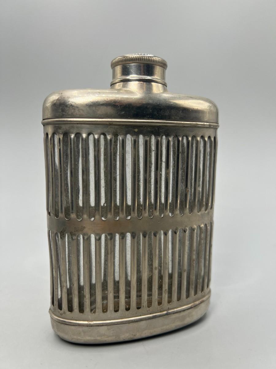 Vintage Metal Stainless Steel Encased Glass Flask Liquor Bottle